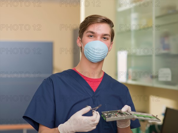 Portrait of dentist holding dental tools. Photo : Dan Bannister