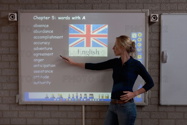 Teacher giving instructions at digital board. Photo : Mark de Leeuw