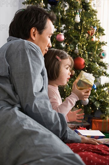 Father and daughter at Christmas tree. Photo : Rob Lewine