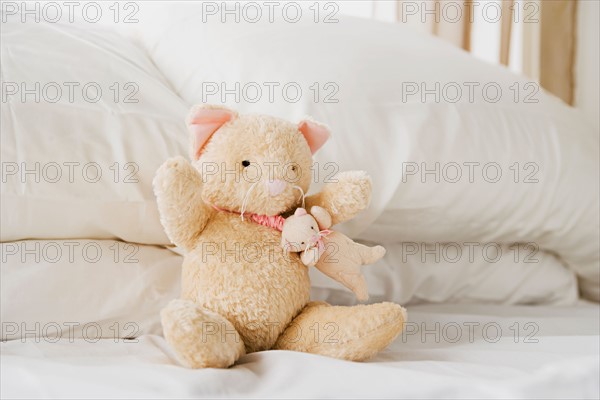 Teddy bear sitting on bed. Photo : Rob Lewine