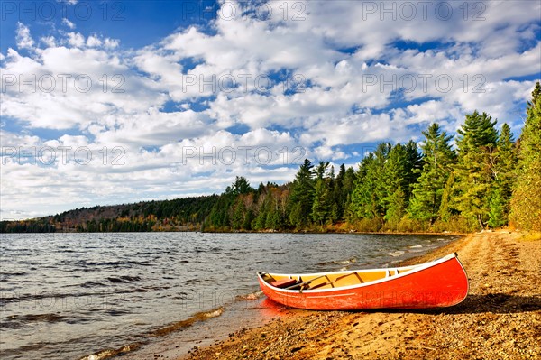 Canada, Ontario, Algonquin Park, Canoe on beach. Photo :  Elena Elisseeva