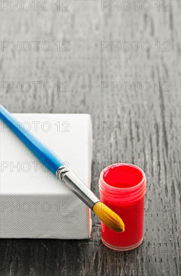 Studio shot of paintbrush, paint and canvas. Photo : Elena Elisseeva