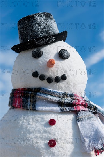 Snowman under blue sky.