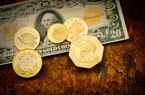 Studio shot of gold coins.