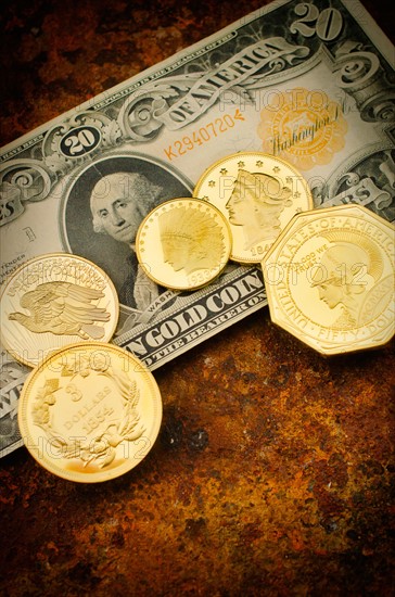 Studio shot of gold coins.