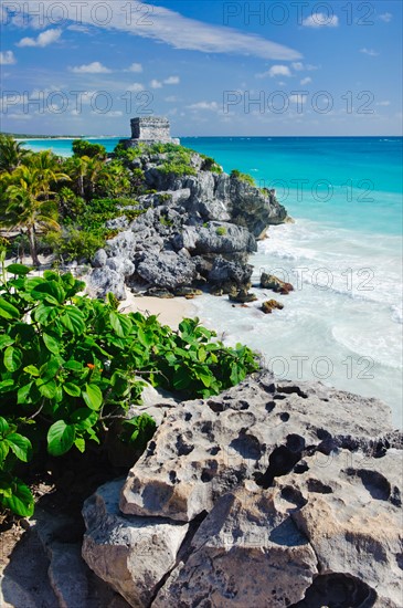 Mexico, Yucatan, Tulum. Beach with ancient Mayan ruins.