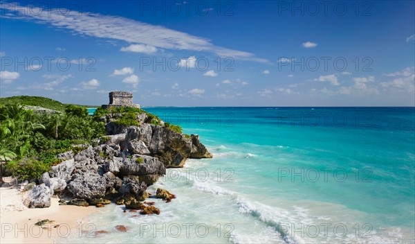 Mexico, Yucatan, Tulum. Beach with ancient Mayan ruins.