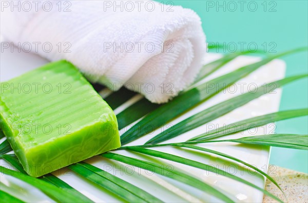 Soap, towel and palm leaf.