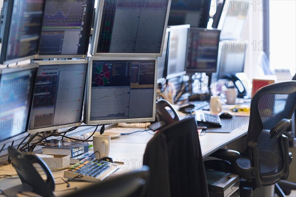 Trading desk with computers and phones.