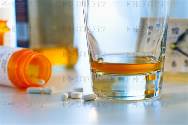 Pills and alcohol, studio shot.