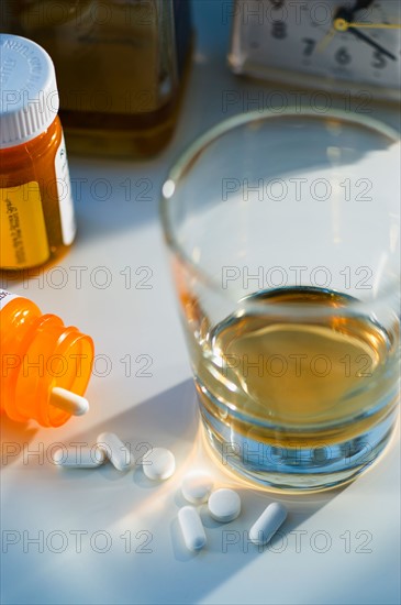 Pills and alcohol, studio shot.