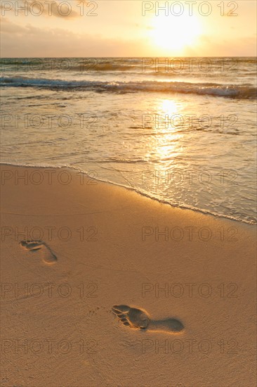 Mexico, Yucatan. Footprints on beach at sunset.