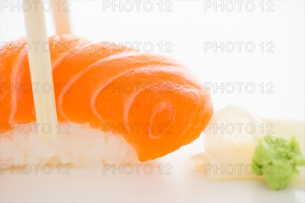 Close up of salmon meat and rice,  studio shot. Photo : Jamie Grill