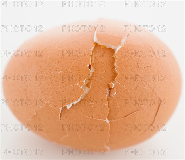 Close up of egg with cracked shell, studio shot. Photo : Jamie Grill