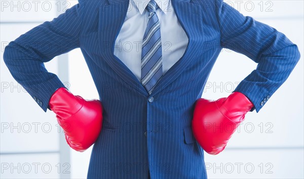 Businessman wearing red boxing gloves. Photo : Daniel Grill