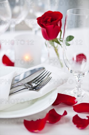 Dishes and cutlery prepared for meal decorated with red roses. Photo : Elena Elisseeva