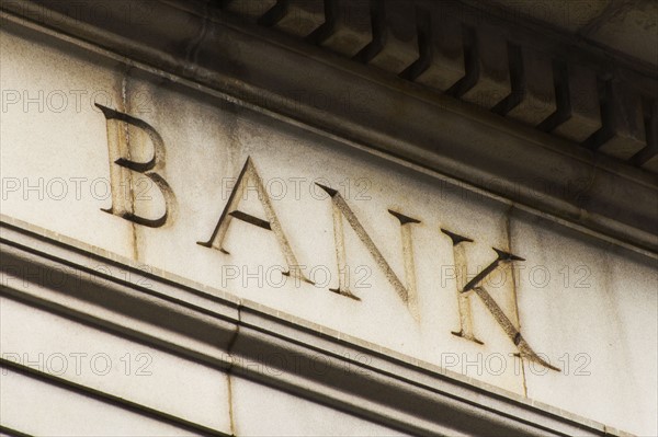 USA, New York City, Detail of bank building.