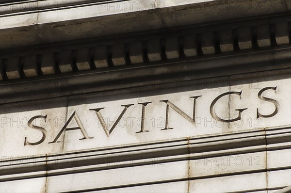 USA, New York City, Detail of bank building.