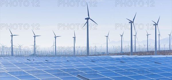 USA, California, Palm Springs, Wind farm and solar panels.