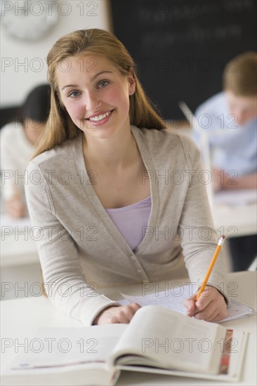 Portrait of girl (16-17) at school.