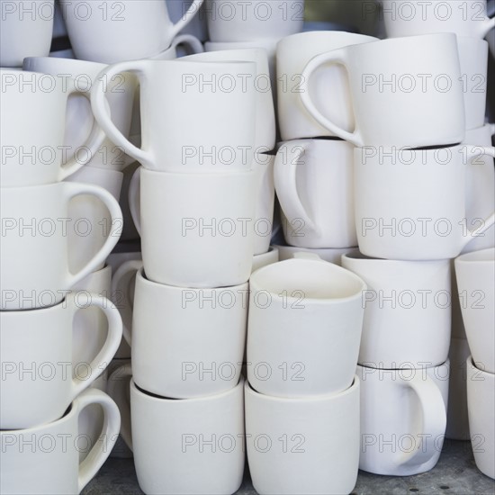 USA, New Jersey, Jersey City, Pottery on shelves.