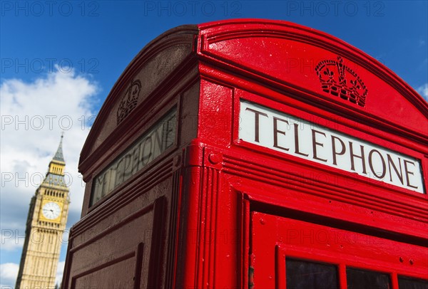 UK, England, London, Red telephone booth and Big Ben.