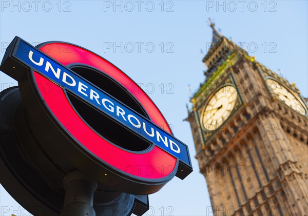 UK, England, London, Big Ben and underground sign.