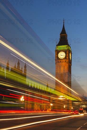 UK, England, London, Big Ben and light trails at night.