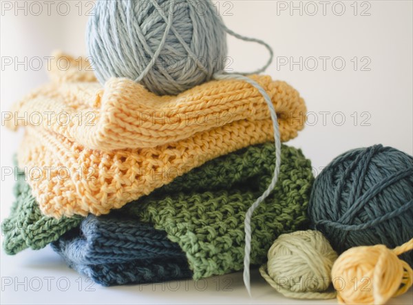 Knitted blankets and balls of yarn. 
Photo : Jamie Grill