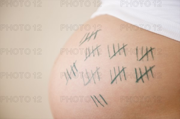 Countdown on belly of pregnant woman. 
Photo: Jamie Grill