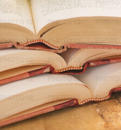 Close up of open books, studio shot. 
Photo : Daniel Grill