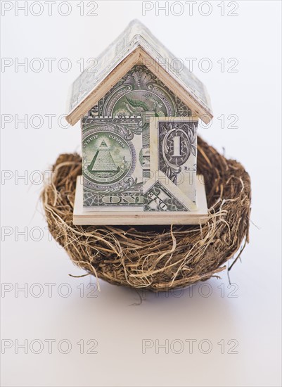 Close up of straw bird's nest and model house, studio shot. 
Photo : Daniel Grill