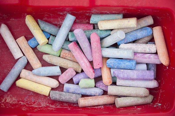Mix of colorful chalk in box. 
Photo: Kristin Lee