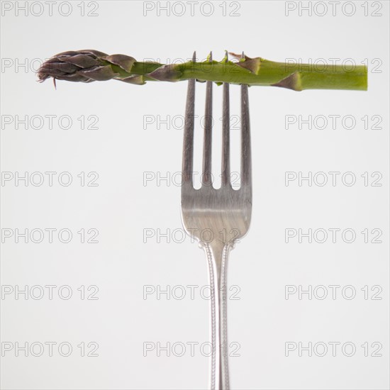 Asparagus on fork, studio shot. 
Photo : Jessica Peterson