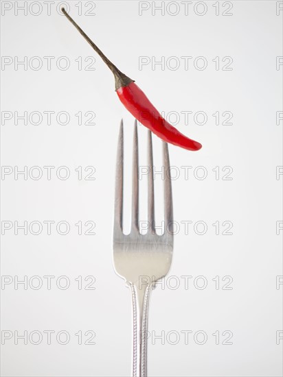 Chilli pepper on fork, studio shot. 
Photo : Jessica Peterson