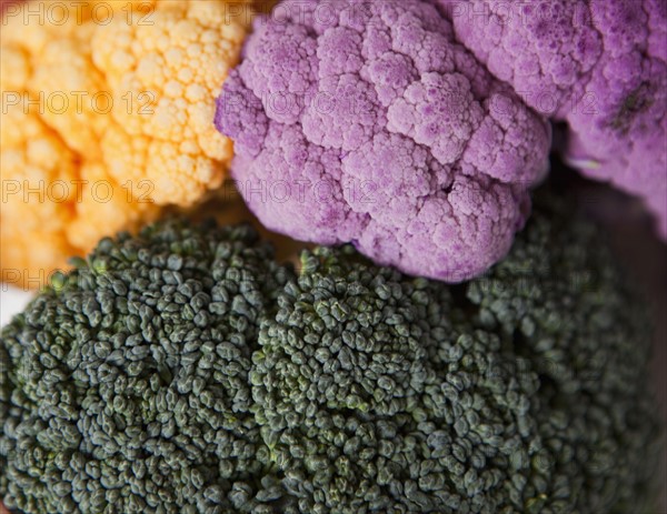 Broccoli with yellow and purple cauliflower, studio shot. 
Photo : Jessica Peterson