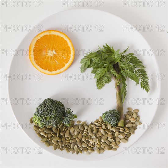 Palm tree on plate made out of food, studio shot. 
Photo : Jessica Peterson