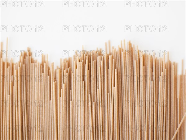 Spaghetti on white background, close-up. 
Photo: Jessica Peterson