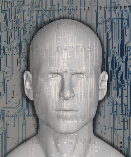 Conceptual image of human head with microchip print. 
Photo: Calysta Images