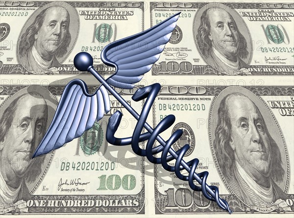 Caduceus and us dollar bills. 
Photo: Calysta Images