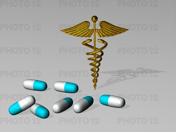 Caduceus and medicine capsules. 
Photo : Calysta Images