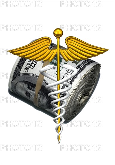 Caduceus and wad of us dollar bills. 
Photo : Calysta Images