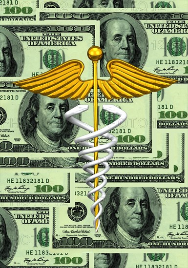 Caduceus and us dollar bills. 
Photo: Calysta Images