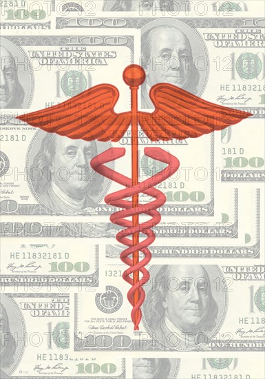 Caduceus and us dollar bills. 
Photo : Calysta Images