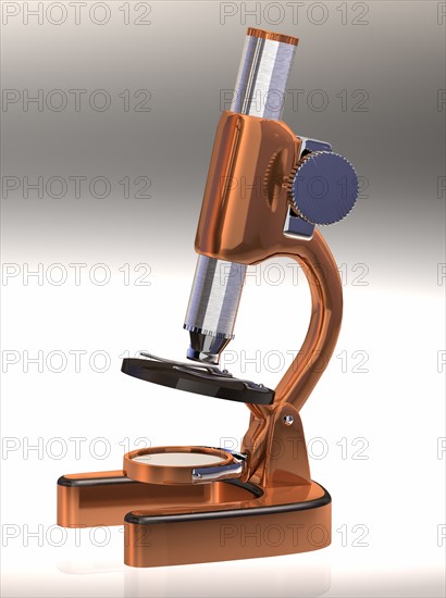 Microscope on grey background. 
Photo : Calysta Images