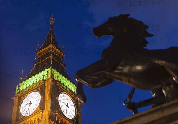 UK, London, Big Ben and horse statue.