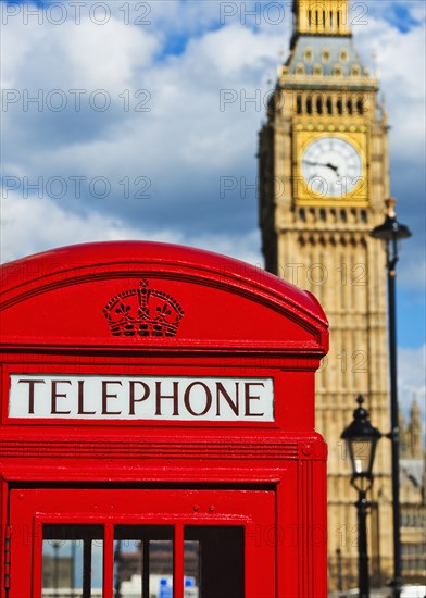 UK, London, Phone booth with Big Ben behind.