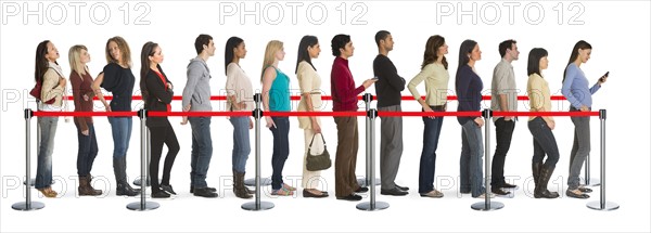 Studio shot of people waiting in line.