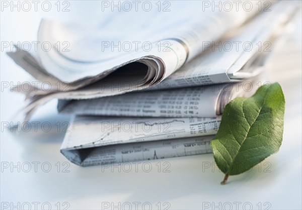 Studio shot of newspaper and green leaf.