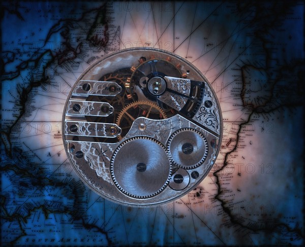 Conceptual image showing clockwork composed into old map .